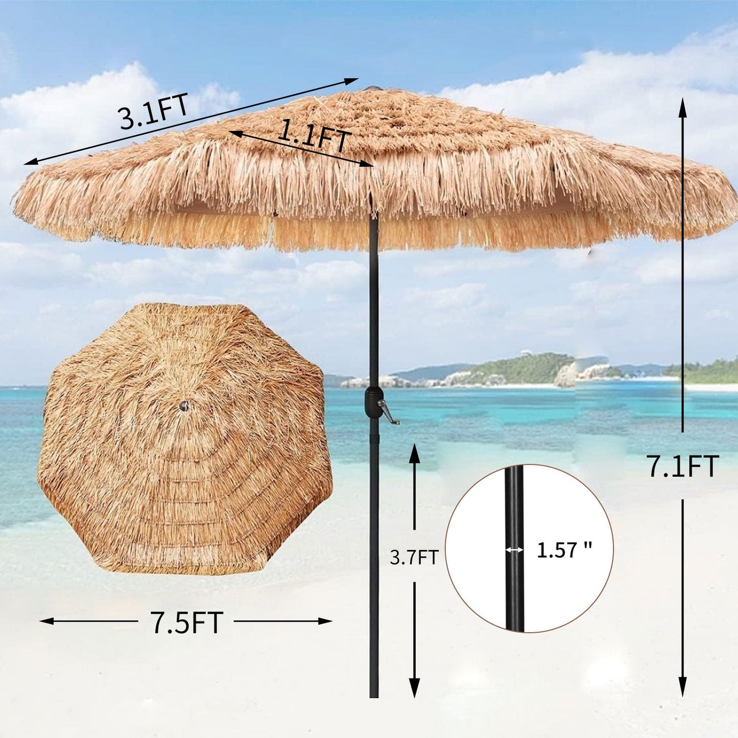 Ainfox 7.5ft Hula Thatched Tiki Umbrella with 18 Solar LED Lights, 6 Ribs, Push Button Tilt (No Base)