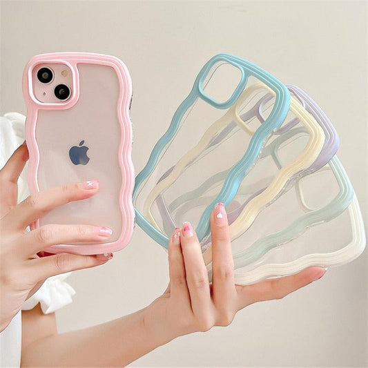 Cute Transparent Curly Wave Phone Case For iPhone 14Pro 13 12 11 Pro Max X XR XS Max Candy Color Shockproof Clear Hard  Cover Shockproof Popular Wavy Stylish Phone Case