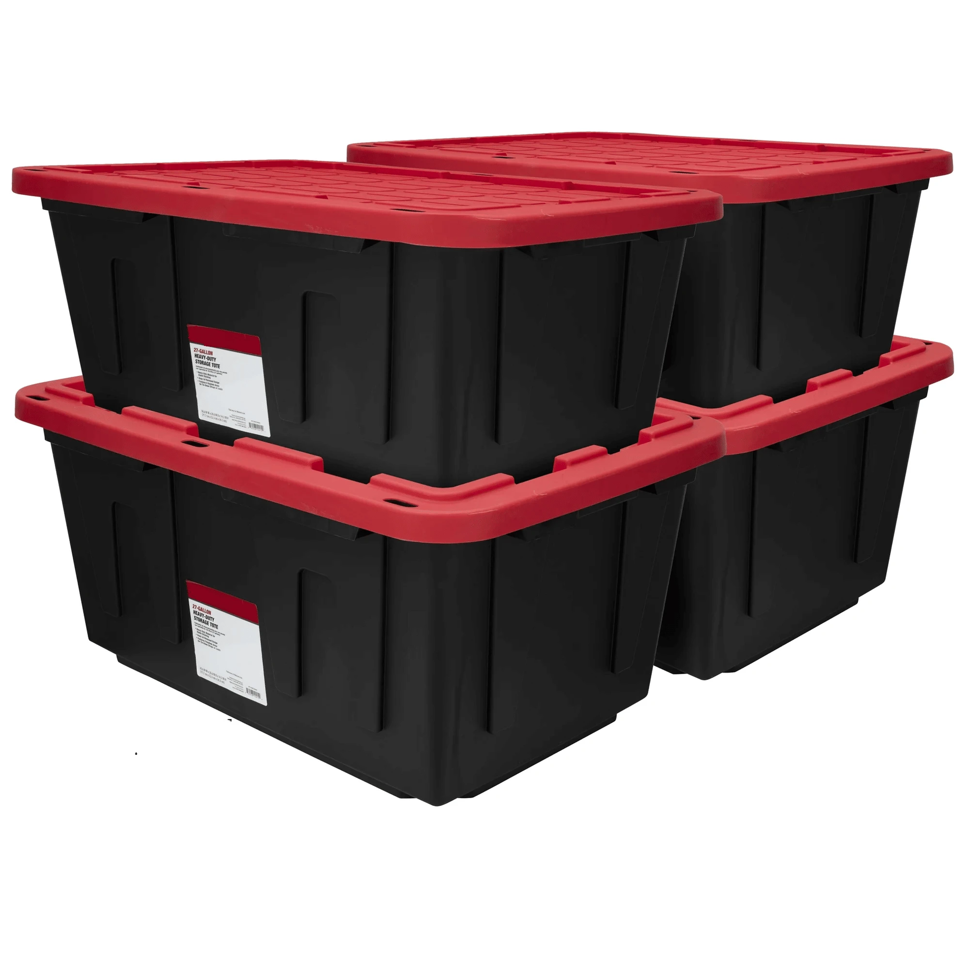 Large Storage Bin, 27 Gallon Plastic Storage Container with Snap-On Lid, Black and Red 4Pack by Doba
