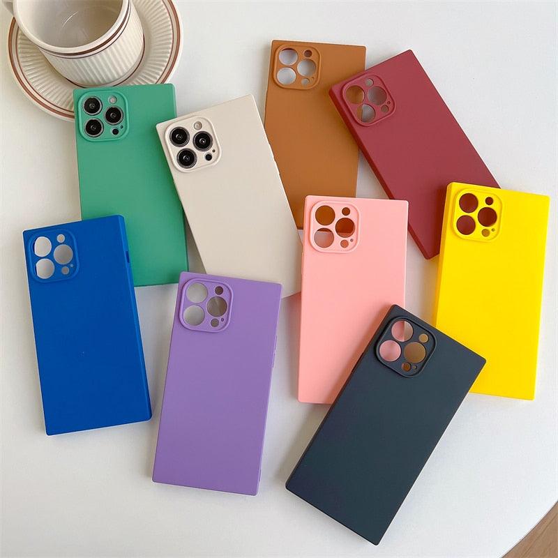 Fashion Candy Color Square Soft Silicone Phone Case For iPhone 13 11 12 Pro Max Bumper Shockproof Cover Square Silicone Camera Case Ultra Thin Lightweight Silky Soft Case Compatible with iPhone