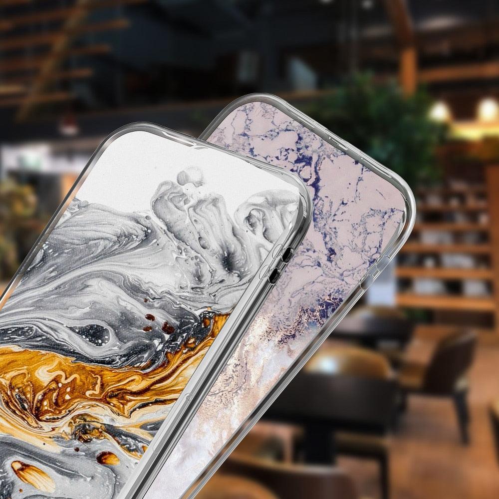 Fashion Marble Pattern Phone Case For iPhone 13 12 11 Pro Max 7 8 6 6S Plus X XR XS Max 12Mini 5 5S SE Cute Soft TPU Cover Full Body Protection with Raised Bezel
