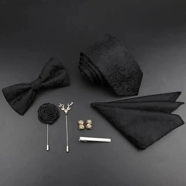 Fashion Red Business Necktie Matching Bowtie Flower Vintage Design Set For Men Self-Tie Bow Tie And Pocket Square Classic Business Tuxedo Wedding Bowties Handkerchief Set Men Necktie And Pocket Square Set
