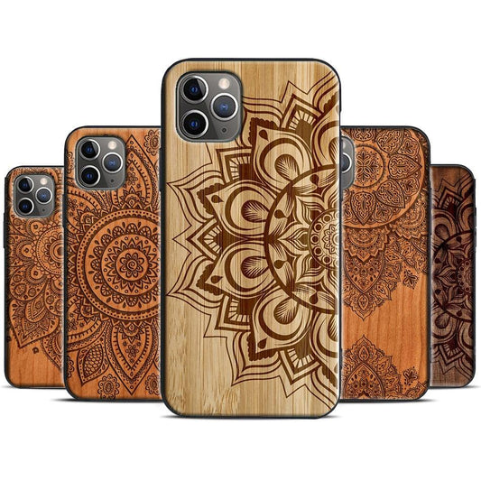Floral Wood For iPhone 12 Pro Max 13 mini Case For iPhone Vintage New Engraved Design Wood Phone Covers Compatible with iPhone 12 Slim fit Cell Phone Cover