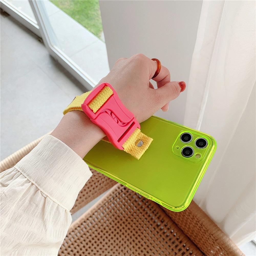 Fluorescent Sports Smartphone Case Bright Color Silicone Simple Soft Protective Cover Mobile Strap Wrist Crossbody Phone Case For iPhone 13 12 11 Pro XR XS Max X 8 7 Plus SE2 Strap Soft Silicon Phone Cover