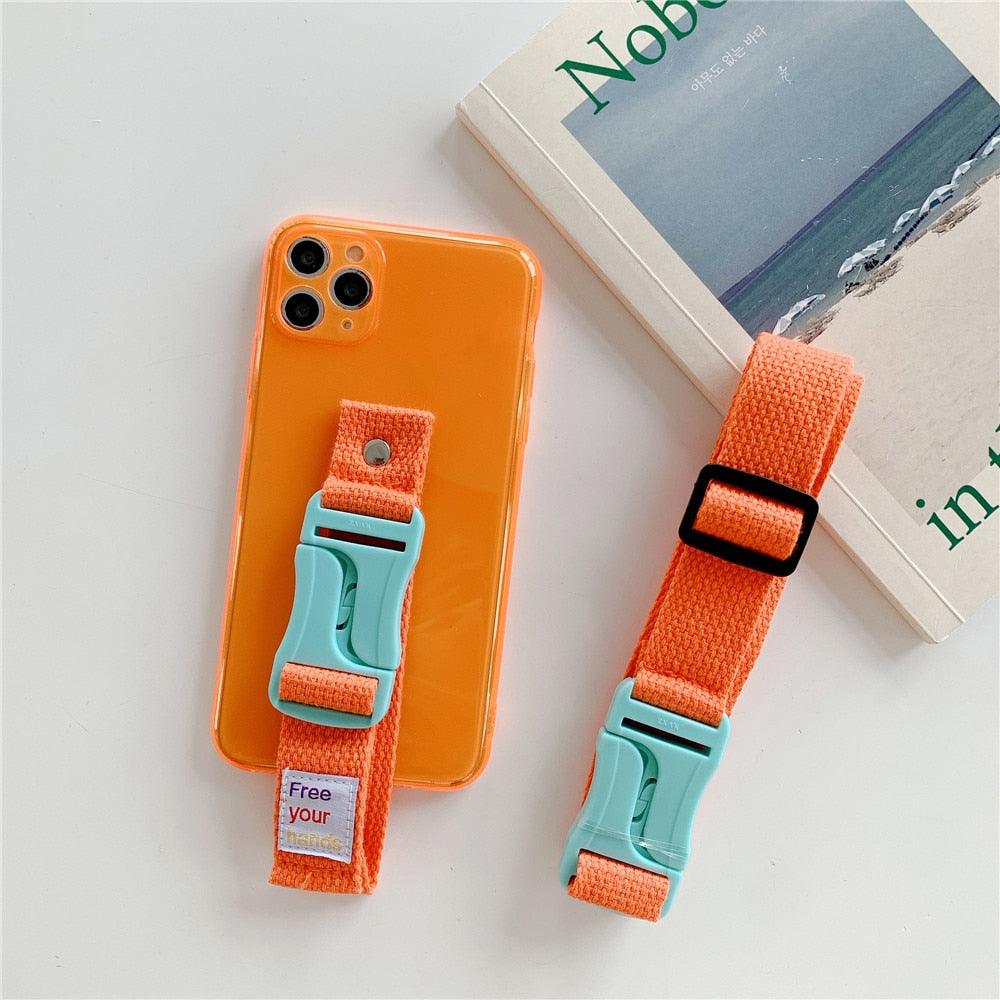 Fluorescent Sports Smartphone Case Bright Color Silicone Simple Soft Protective Cover Mobile Strap Wrist Crossbody Phone Case For iPhone 13 12 11 Pro XR XS Max X 8 7 Plus SE2 Strap Soft Silicon Phone Cover