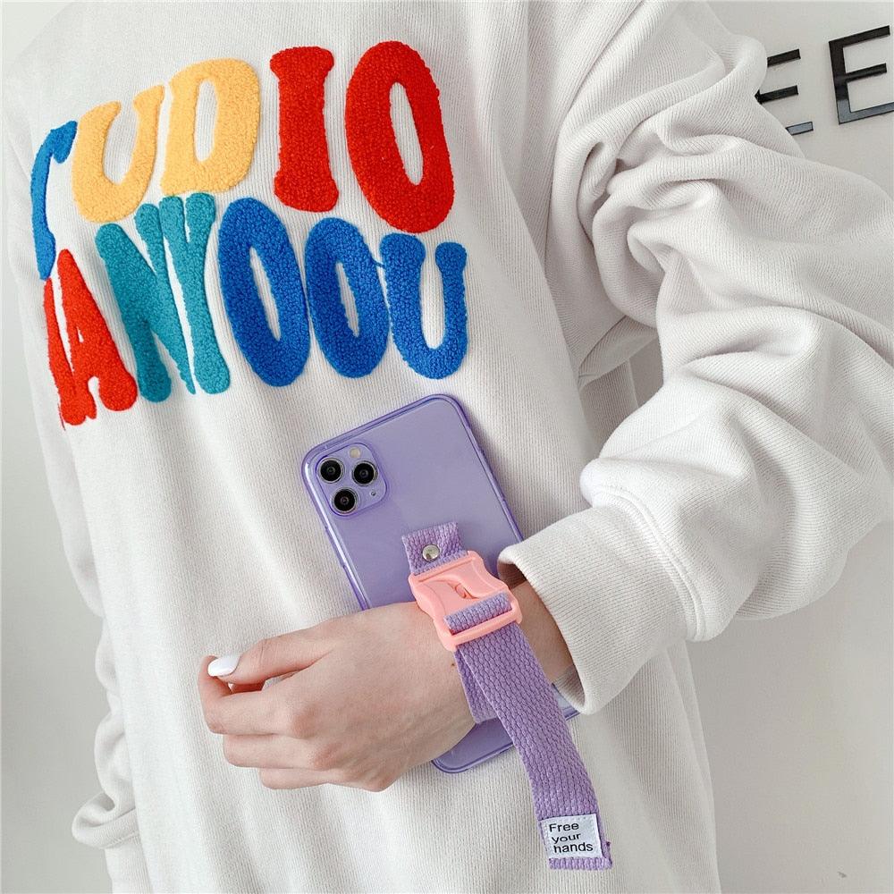 Fluorescent Sports Smartphone Case Bright Color Silicone Simple Soft Protective Cover Mobile Strap Wrist Crossbody Phone Case For iPhone 13 12 11 Pro XR XS Max X 8 7 Plus SE2 Strap Soft Silicon Phone Cover