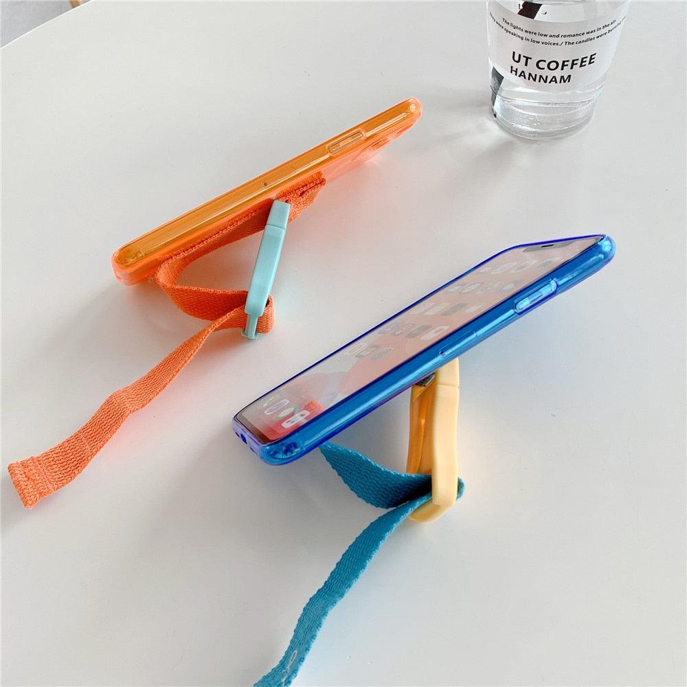 Fluorescent Sports Smartphone Case Bright Color Silicone Simple Soft Protective Cover Mobile Strap Wrist Crossbody Phone Case For iPhone 13 12 11 Pro XR XS Max X 8 7 Plus SE2 Strap Soft Silicon Phone Cover