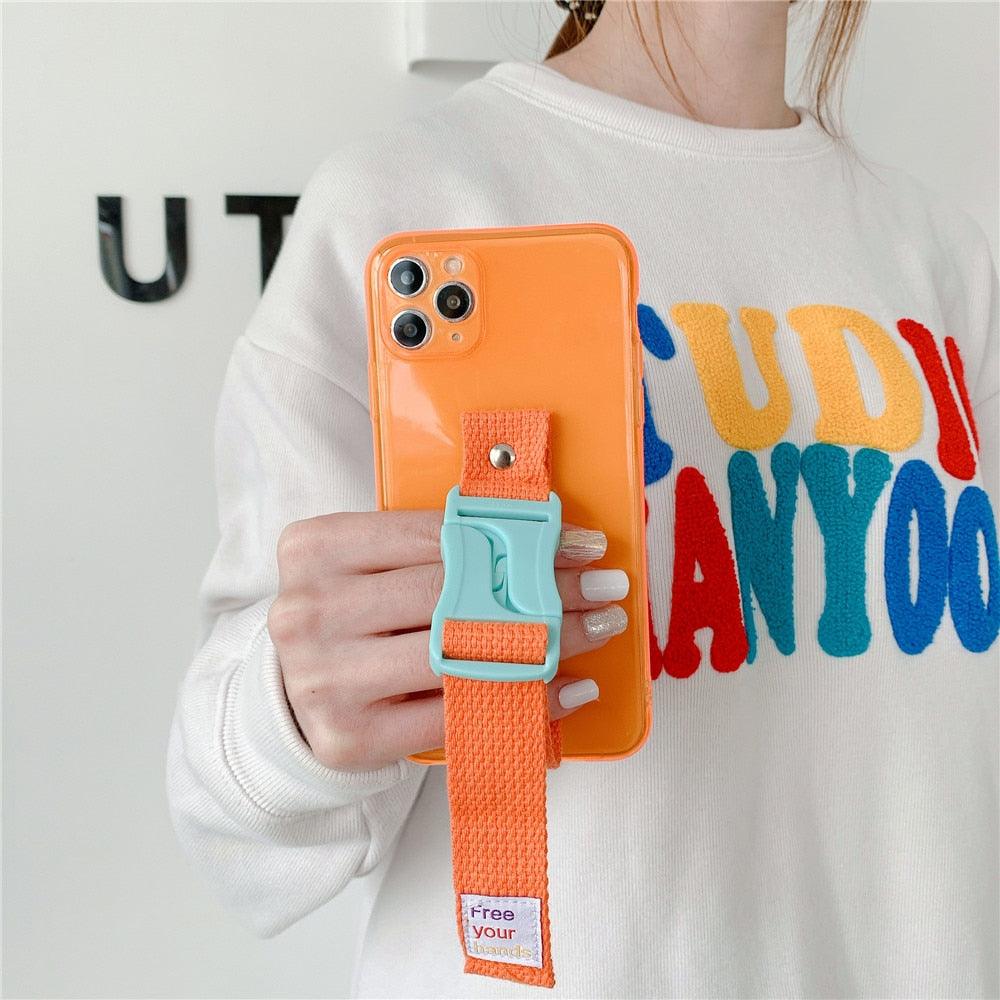 Fluorescent Sports Smartphone Case Bright Color Silicone Simple Soft Protective Cover Mobile Strap Wrist Crossbody Phone Case For iPhone 13 12 11 Pro XR XS Max X 8 7 Plus SE2 Strap Soft Silicon Phone Cover