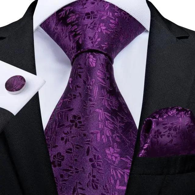 Luxury Wedding Party Floral Design Silk Necktie Hanky And Matching Cufflinks Set For Men Classic Design Necktie Set For Men