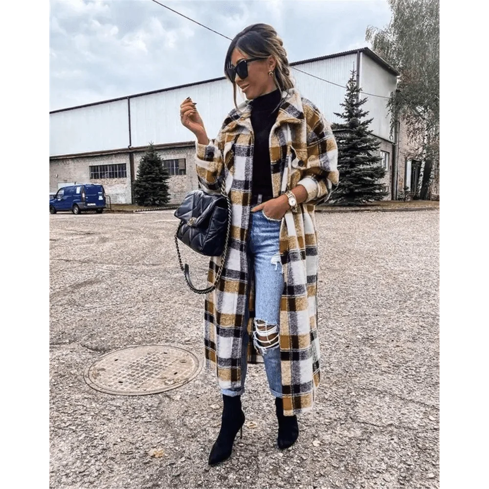 New Trendy Women's Coat Autumn Winter Long Sleeve Red Plaid Jacket Women Lapel Single Breasted Cardigan Coat Turndown Collar Women Coat