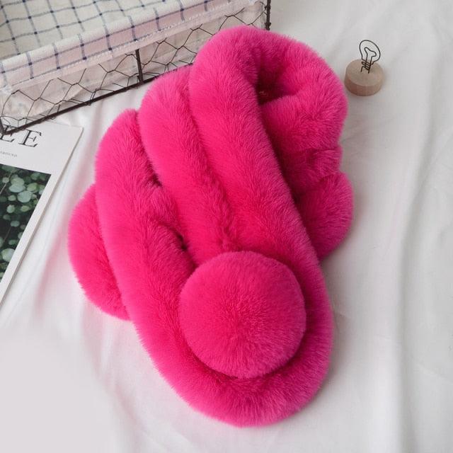 New Winter Solid Color Warm Thicken Soft Collar Scarf Faux Rabbit Fur Neckerchief Plush Warm Hot Scarfs Cross Collar Scarf Shawl Solid With Pearl Elegant For Women
