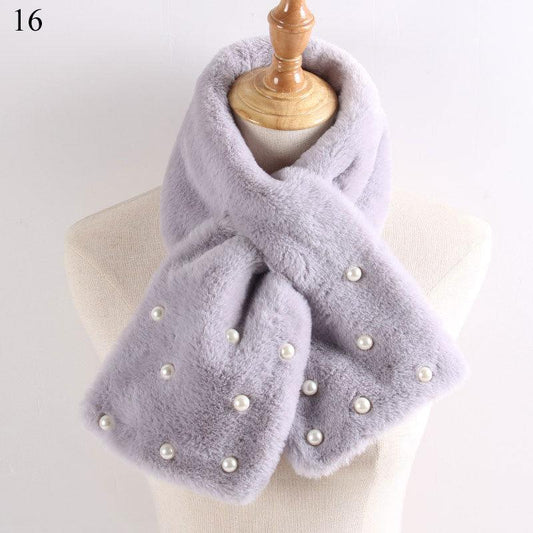 New Winter Solid Color Warm Thicken Soft Collar Scarf Faux Rabbit Fur Neckerchief Plush Warm Hot Scarfs Cross Collar Scarf Shawl Solid With Pearl Elegant For Women