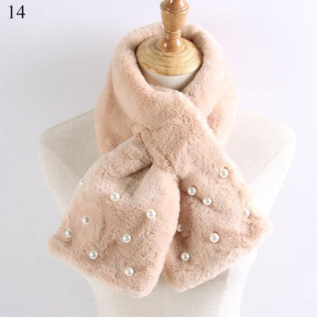 New Winter Solid Color Warm Thicken Soft Collar Scarf Faux Rabbit Fur Neckerchief Plush Warm Hot Scarfs Cross Collar Scarf Shawl Solid With Pearl Elegant For Women