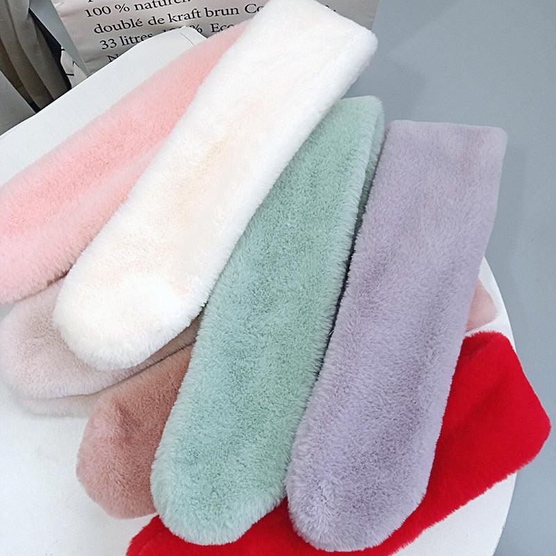 New Winter Solid Color Warm Thicken Soft Collar Scarf Faux Rabbit Fur Neckerchief Plush Warm Hot Scarfs Cross Collar Scarf Shawl Solid With Pearl Elegant For Women