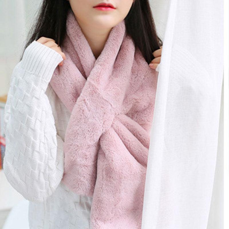 New Winter Solid Color Warm Thicken Soft Collar Scarf Faux Rabbit Fur Neckerchief Plush Warm Hot Scarfs Cross Collar Scarf Shawl Solid With Pearl Elegant For Women