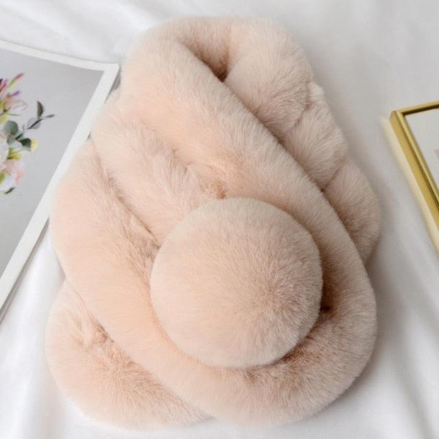 New Winter Solid Color Warm Thicken Soft Collar Scarf Faux Rabbit Fur Neckerchief Plush Warm Hot Scarfs Cross Collar Scarf Shawl Solid With Pearl Elegant For Women