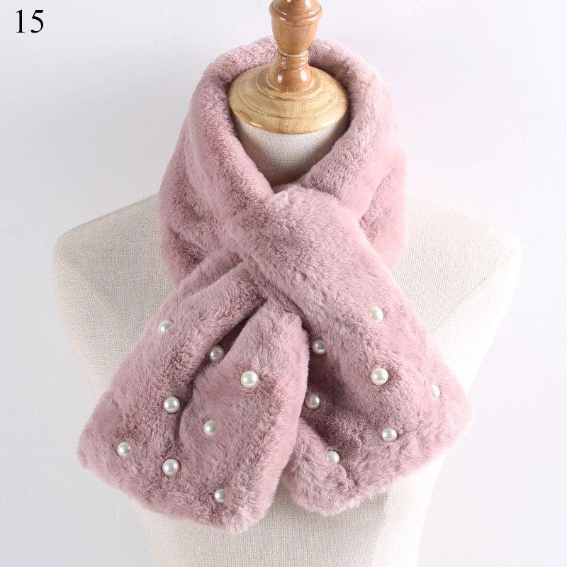 New Winter Solid Color Warm Thicken Soft Collar Scarf Faux Rabbit Fur Neckerchief Plush Warm Hot Scarfs Cross Collar Scarf Shawl Solid With Pearl Elegant For Women