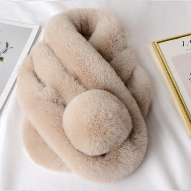 New Winter Solid Color Warm Thicken Soft Collar Scarf Faux Rabbit Fur Neckerchief Plush Warm Hot Scarfs Cross Collar Scarf Shawl Solid With Pearl Elegant For Women