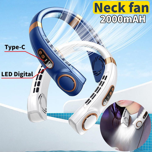 Portable Neck Fan USB Handheld Mute LED Digital Display Leafless Mini Electric Fan Colorful Atmosphere Lights 5th Gear For Rechargeable Personal Wearable Fan with Colorful Flashlight LED Digital Display And Low Noise