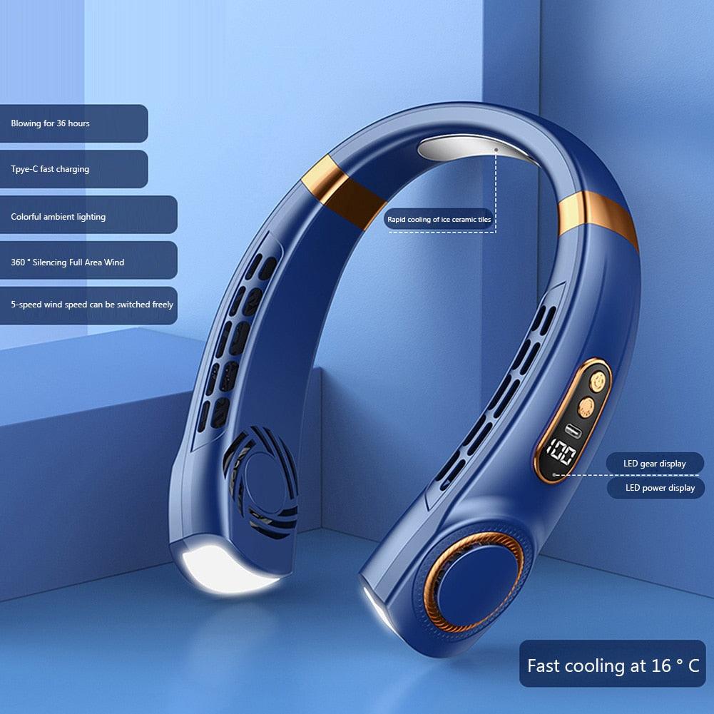 Portable Neck Fan USB Handheld Mute LED Digital Display Leafless Mini Electric Fan Colorful Atmosphere Lights 5th Gear For Rechargeable Personal Wearable Fan with Colorful Flashlight LED Digital Display And Low Noise