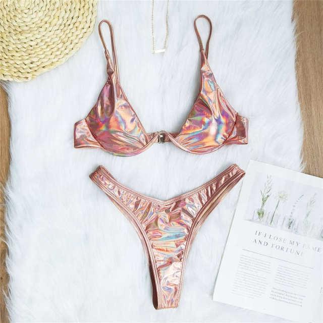 Underwired Bikini Female Swimsuit Women Swimwear Two-Piece V Shape Wire Bikini Set Bather Bathing Suit Women Micro Bikini Set Shiny Metallic 2 Piece Swimsuit Push Up Underwire Swimwear Bathing Suit