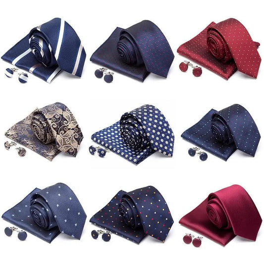 Stylish Silk Necktie With Pocket Square And Matching Cufflinks Set For Men Retro Formal Wear Necktie Set For Men