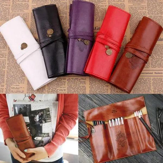 Vintage PU Leather Roll Up Pencil Case Classic Brown Foldable Pouch For Paint Brush School Accessories College And Art Work