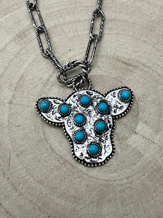 Western Cow Head Necklace with Faux Turquoise - 18 inch