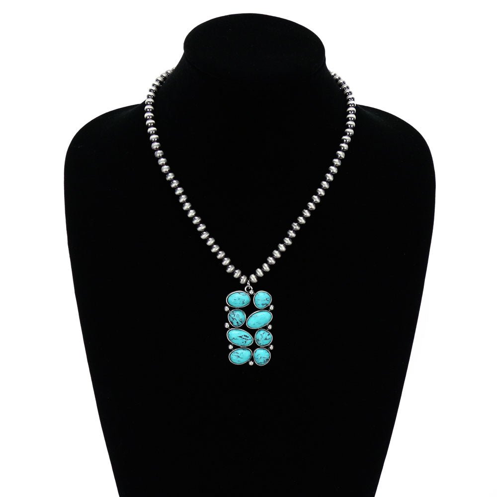 Western Geometric Stone Pendant with Faux Pearl Necklace - 18 inch