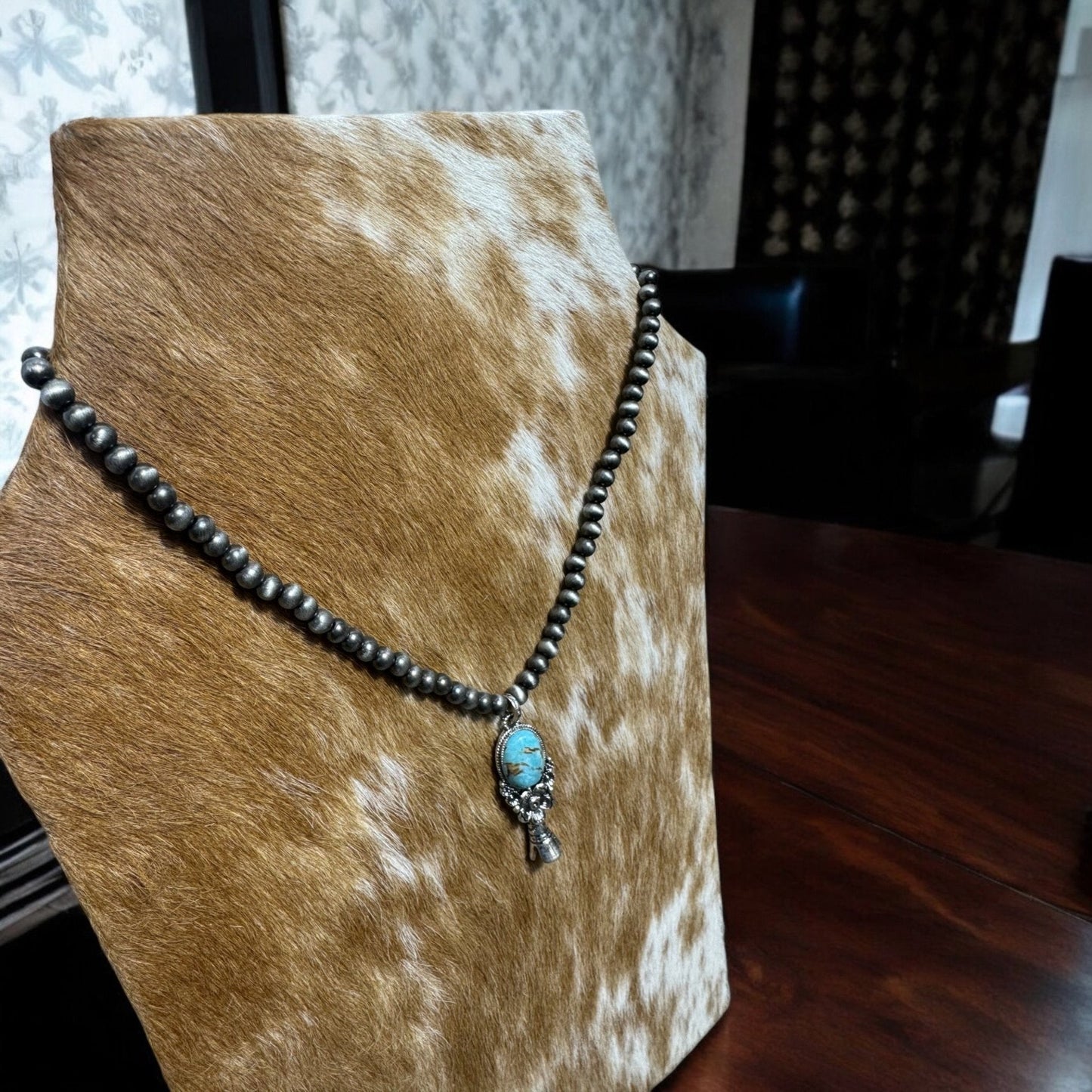 Western Style Pearl with Single Squash Blossom Pendant Necklace - 16 inch