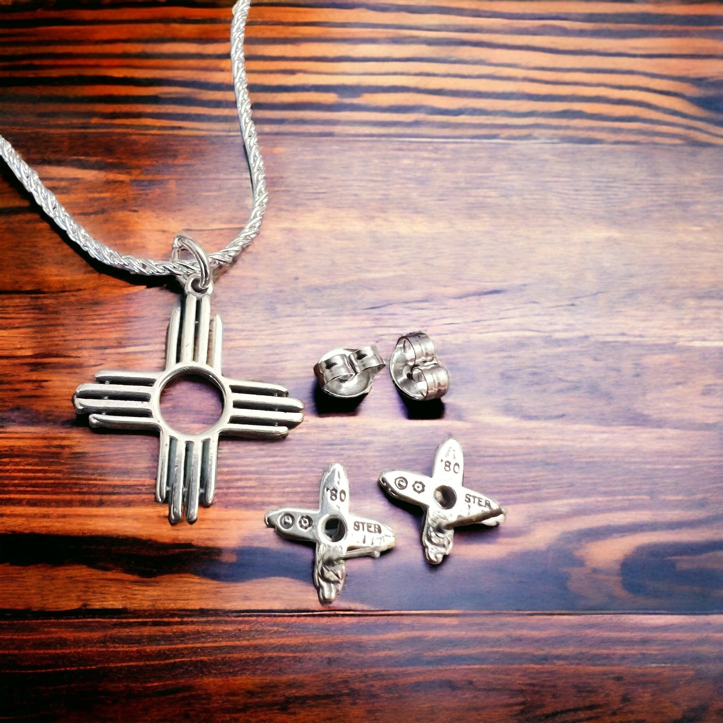 Western Zia Jewelry Set - Pendant, chain, and post earrings in sterling silver