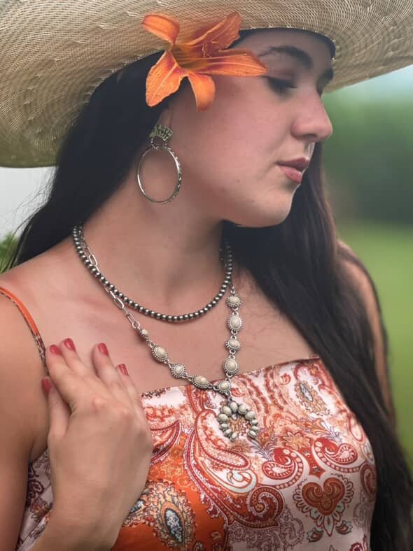 White Stone Faux Squash Blossom Necklace - 16 inch + 3