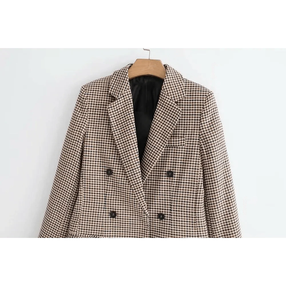 Women's Fashionable Office Wear Double Breasted Plaid Blazer Coat Vintage Long Sleeve Pockets Female Outerwear Chic Tops