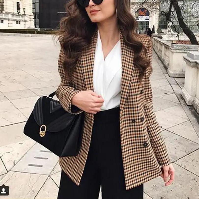 Women's Fashionable Office Wear Double Breasted Plaid Blazer Coat Vintage Long Sleeve Pockets Female Outerwear Chic Tops