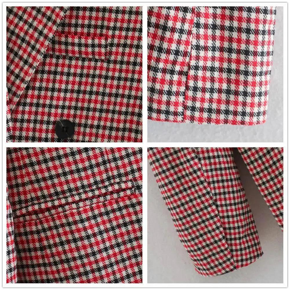 Women's Fashionable Office Wear Double Breasted Plaid Blazer Coat Vintage Long Sleeve Pockets Female Outerwear Chic Tops