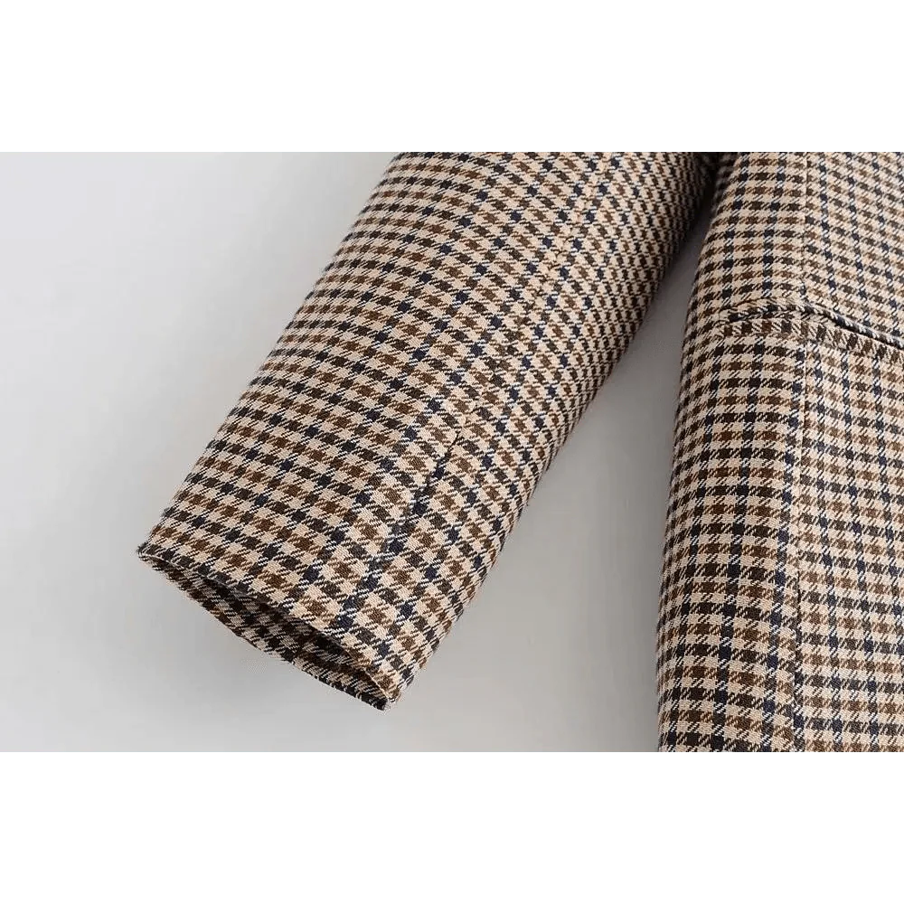 Women's Fashionable Office Wear Double Breasted Plaid Blazer Coat Vintage Long Sleeve Pockets Female Outerwear Chic Tops